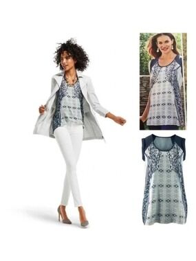 CAbi Mixed Print Tunic Top 253 Chiffon Summer Spring Blue Blouse Small